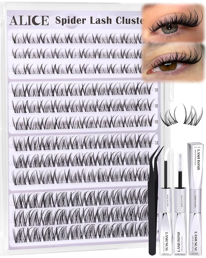 Spider Lash Clusters Kit Wispy Eyelash Clusters Kit Natural Cluster Eyelash Extension Kit CC-Curly 8mm-14mm Invisible Band Individual Lashes with White Bond and Seal DIY at Home