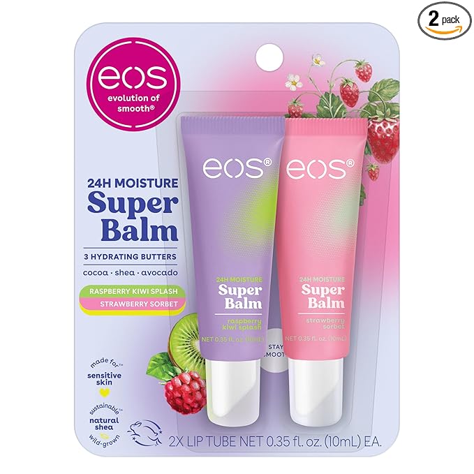 eos 24H Moisture Super Balm- Raspberry Kiwi Splash & Strawberry Sorbet, Lip Mask, Day or Night Lip Treatment, Made for Sensitive Skin, 0.35 fl oz, 2-Pack