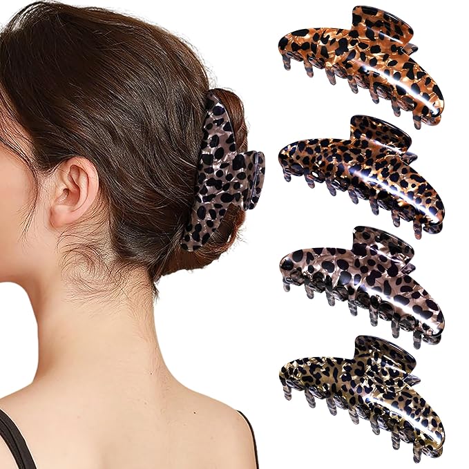 Mesovor 4 Pack Acrylic Hair Clips Claws, Nonslip 3.94" Large Hair Grip Hairclips for Thin and Thick | French Banana Barrettes Hair Strong Hold Hair Jaw Clamps (Small Leopard)