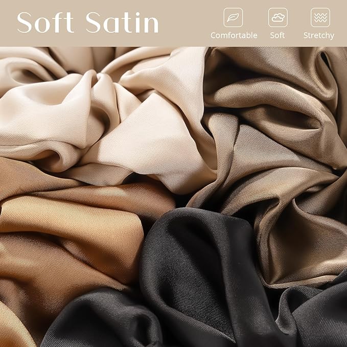 Lolalet Big Satin Scrunchies for Women, 5.9 Inch Large Oversized Scrunchie, Soft Jumbo/Giant Scrunchies Hair Ties for Thick & Curly Hair -4 Pack, Almond/Khaki/Black/Brown