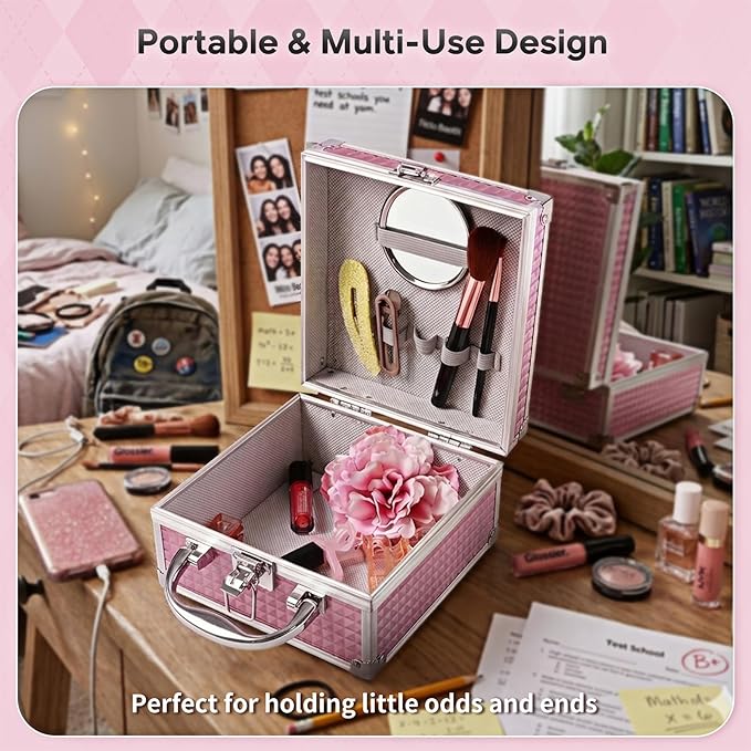 Color Nymph Beginner Makeup Kit For Teens With The Small Cosmetic Train Case Included 24-Colors Eyeshadow Palette Blushes Bronzer Highlighter Lipstick Brushes Mirror(Pink)