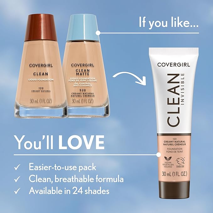 COVERGIRL Clean Invisible Foundation Makeup, Dewy & Glowy Natural Finish, Buildable Coverage, Skin-Like Smooth Look, Vegan, Classic Beige, 1oz