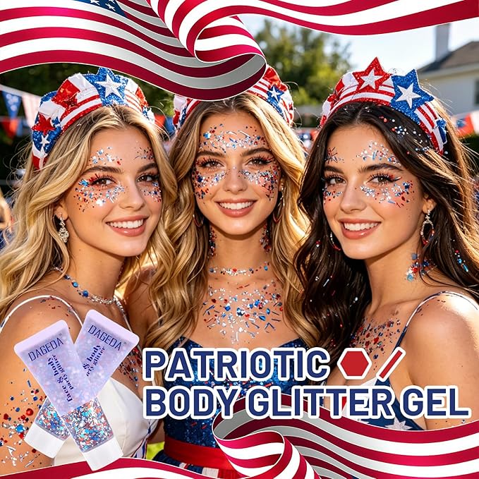 DAGEDA Red White Blue Body Face Glitter, 4th of July Outfits Accessories for Women, Patriotism Face Glitter Makeup, Fourth of July Patriotic Independence Day Hair Accessories Party Costumes（Strip）