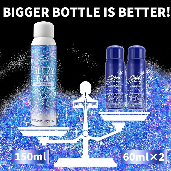 Hair Glitter Body Glitter Spray, 150ML Glitter Hairspray Holographic Blue Glitter Spray for Hair and Body, Hair Glitter for Kids Women, Body Shimmer Festival Makeup 4.2 Fl Oz