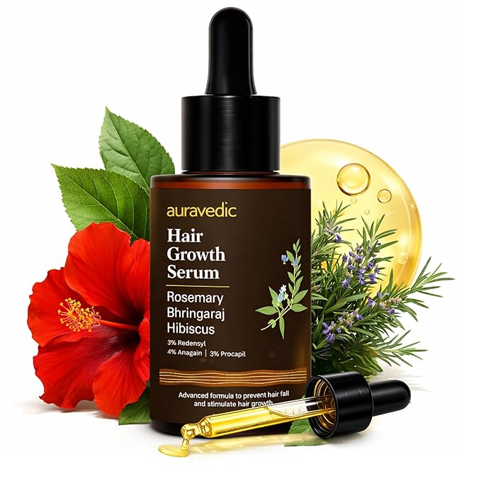Auravedic Hair Growth Serum with 3% Redensyl & 4% Anagain | Nourishes Roots, Reduces Breakage & Supports Fuller Looking Hair | Rosemary, Bhringraj, Hibiscus | 1.01 Fl Oz (30ml)