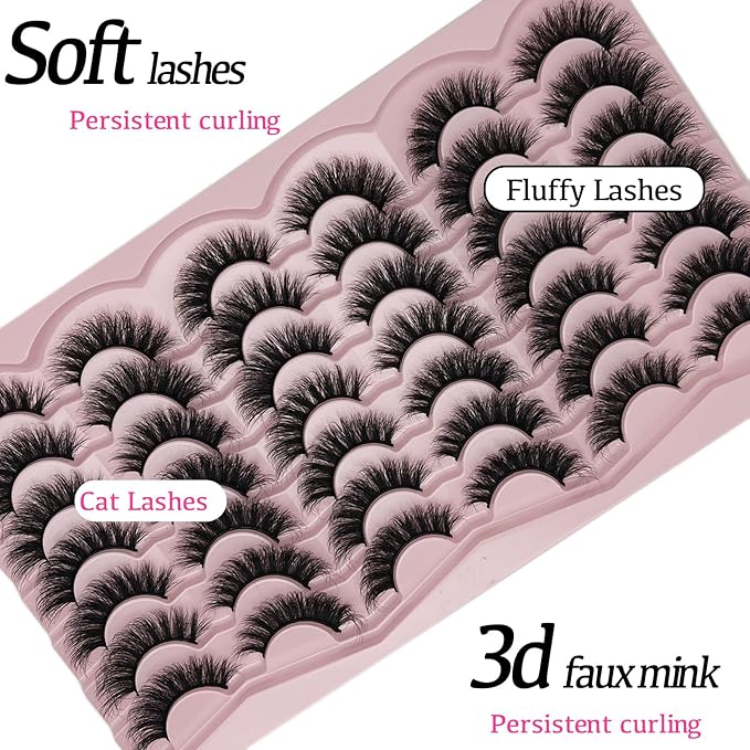 Mink Lashes Wispy Cat Eye Natural Fluffy Strip Lashes Pack C Curl False Eyelashes Natural Look Soft Cateye Faux Mink Eyelashes Bulk