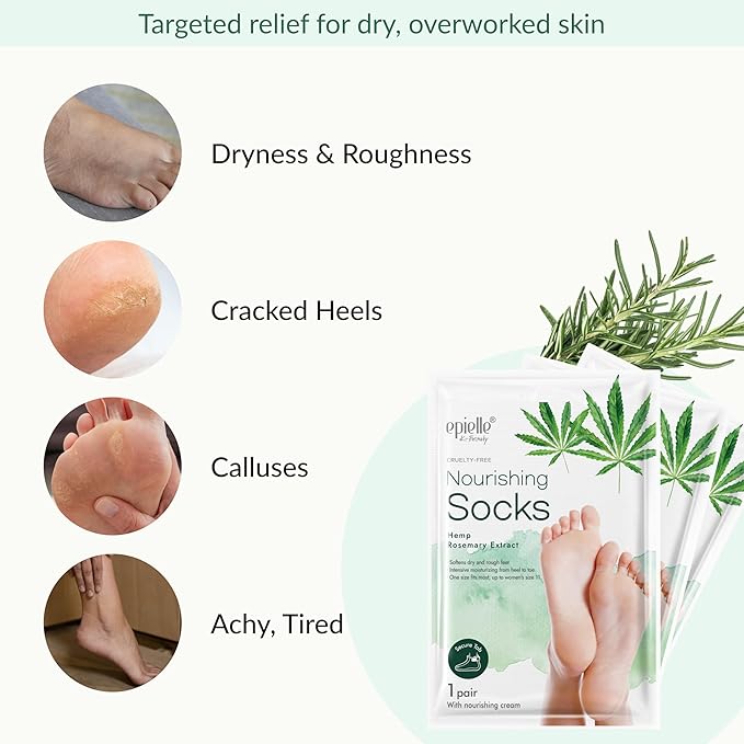 Epielle Nourishing Foot Mask 6 Pairs, Repair and Soften with Hemp & Rosemary Extract, Deep Moisturizing Socks for Dry, Cracked Feet, Self Care Gifts for Women, Spa Kit, Mothers Day Gifts