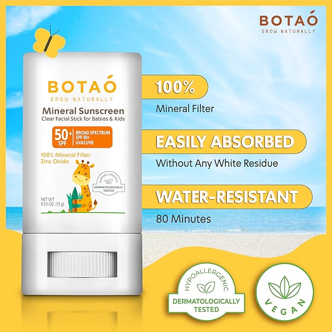 Botao baby Mineral Sunscreen Stick 100% Zinc Oxide SPF 50+ Water Resistant UVA/UVB Protection Easy to Apply Fragrance Free, babies & kids, for sensetive skin, Unscented