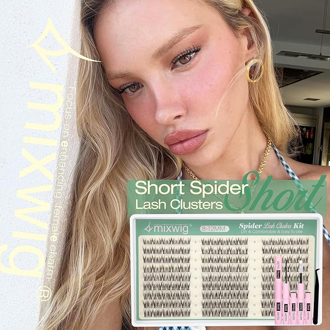 Spider Lash Clusters Kit 8-12MM Short Lash Extension Kit Breeze Wispy Eyelash Clusters Natural Clusters Eyelash Extensions CC Curly Invisible Band Individual Lashes for Clean Girl Makeup by Lvmixwig