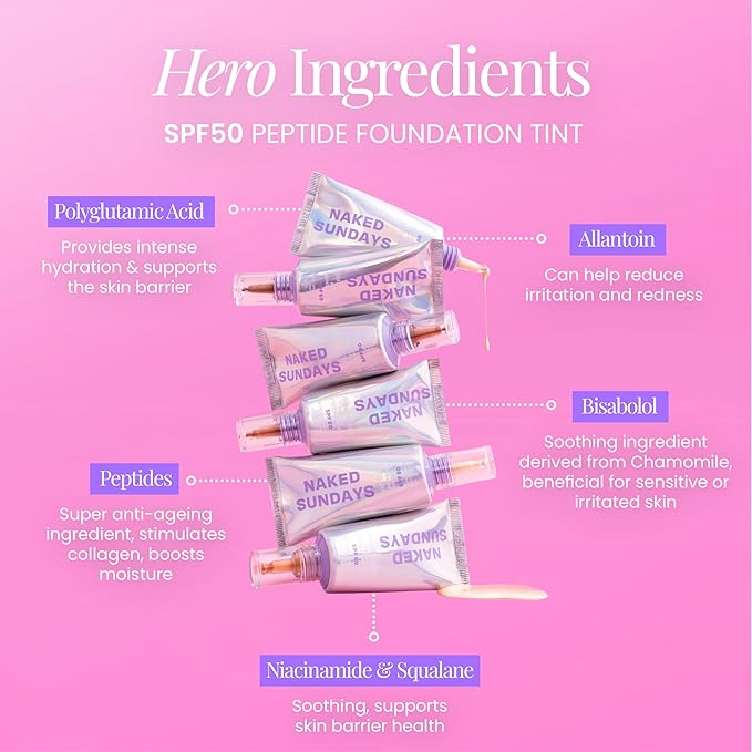 Naked Sundays BeautyScreen Peptide Foundation Tint - SPF 50 Tinted Sunscreen & Skincare Makeup with Zinc Oxide, Niacinamide - Lightweight Natural Coverage, 7 Tan Toffee, 1.01 oz