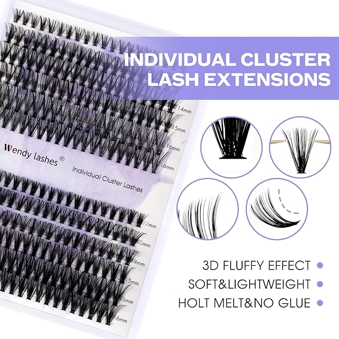 WENDY LASHES Clusters Kit for Eyelash Extensions: DIY, Natural, Fluffy, Wispy, Waterproof, Anime, Manga, Cat Eye, RT0207, 30P+40P, 0.07, D Curl, 1216mm
