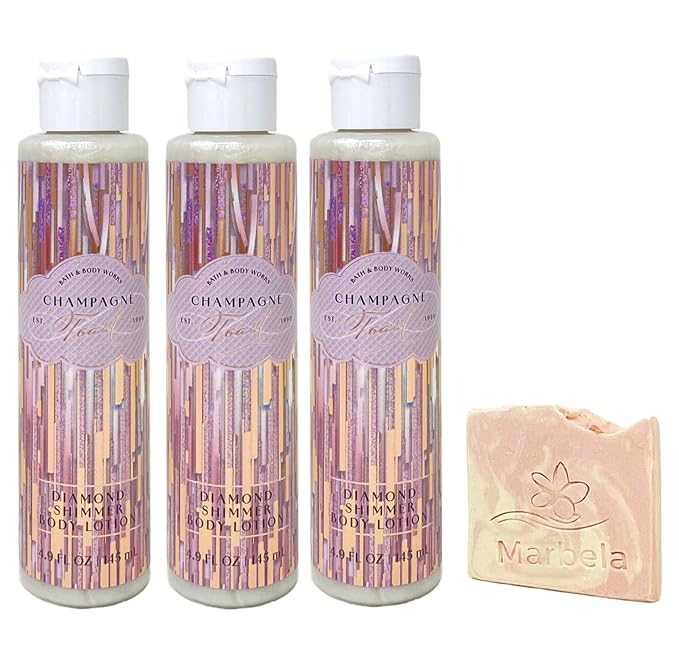 Bath & Body Works Champagne Toast 3 Pack Diamond Shimmer Body Lotion Bundle with a Himalayan Salts Springs Sample Soap