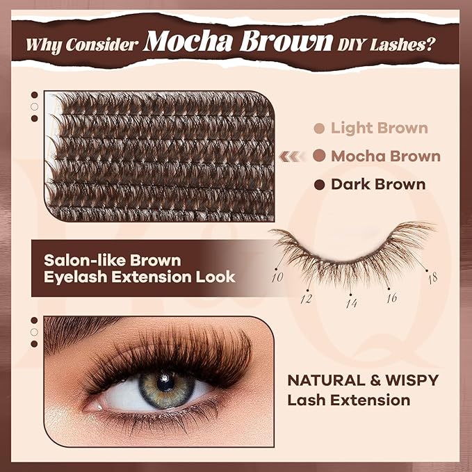 B&Q Mocha Brown Lash Clusters Kit | 280 Pcs Brown Wispy & Natural Eyelash Clusters for Beginner DIY, Complete Lash Extension Kit with Bond and Seal, Fake Eyelashes for Natural Look（80D 10-18mm)