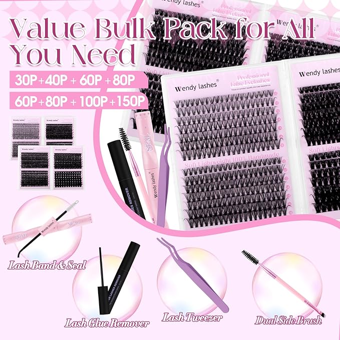 Wendy Lash Clusters Kit Packs: 1200-Pcs,30D,40D,60D,60D,80D,80D,100D,150D,D Curl,10-18mm Mixed, Cat Eye, Soft, Natural, Fluffy, DIY Eyelash, Individual, Eye lash clusters, Bulk Pack