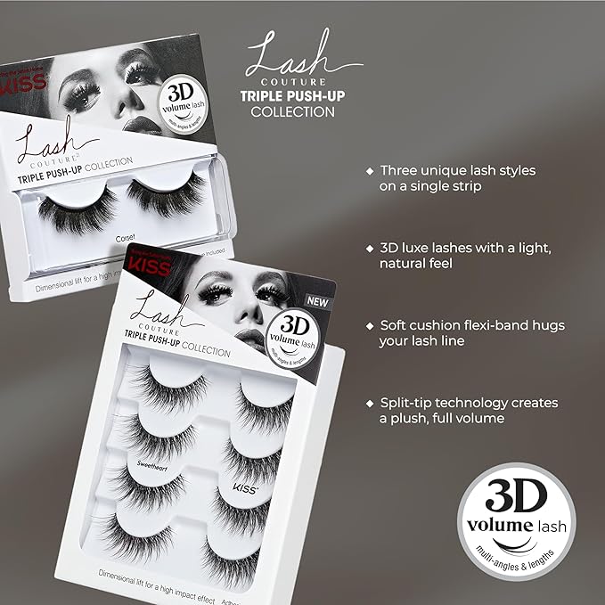 KISS Triple Push-Up, False Eyelashes, 'Corset', 10mm, Includes 1 Pair Of Lash, Easy to Apply, Reusable Lash Clusters