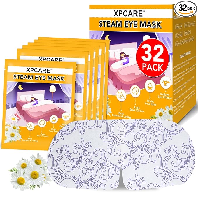 XPCARE 32 Pack Steam Eye Masks for Dry Eyes, SPA Warm Sleep Eye Mask, Disposable Heated Eye Mask for Dark Circles, Puffy Eyes, Relief Stress Eye Fatigue(Chamomile)