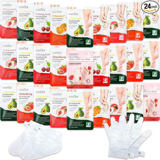 24 Pcs Fruits Beauty Hand Foot Mask Bulk Hydrating Hand Foot Moisturizing Gloves Shea Butter Aloe Mask for Spa Kit Beauty Skincare Galentines Day Gift for Women