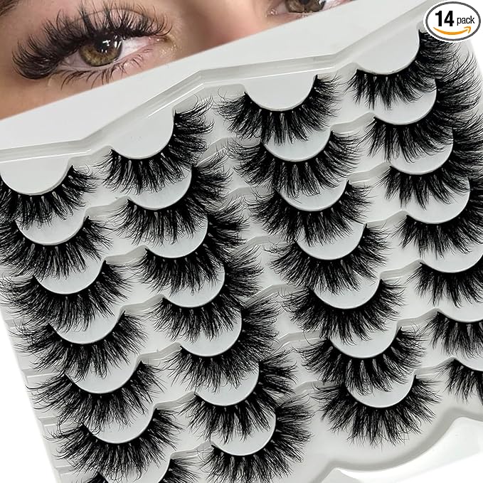Strip Lashes Mink Cat Eye 3D Soft Faux Mink Fluffy Lashes Pack, Wispy Cateye C Curl False Eyelashes Pack, 18mm Natural Long 14 Pairs