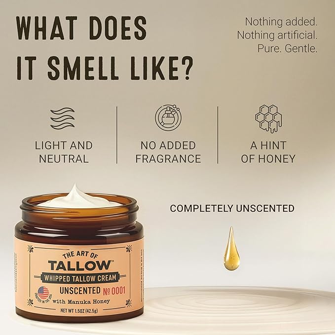 Tallow Face Moisturizer – Unscented Beef Tallow for Skin, Whipped Tallow Cream with Manuka Honey & Organic Jojoba Oil, Face Cream, Grass Fed & Finished, Made in USA, 1.5 oz