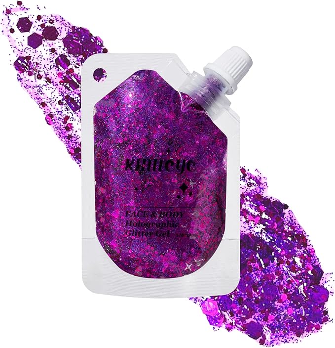 Grape Purple Face Body Glitter Gel Shimmer Makeup for Hair Clavicle Arm Nail Eyeshadow, Long Lasting Waterproof Holographic Mermaid Sequins for Outfit Rave Festival Party, 1.35oz, #13