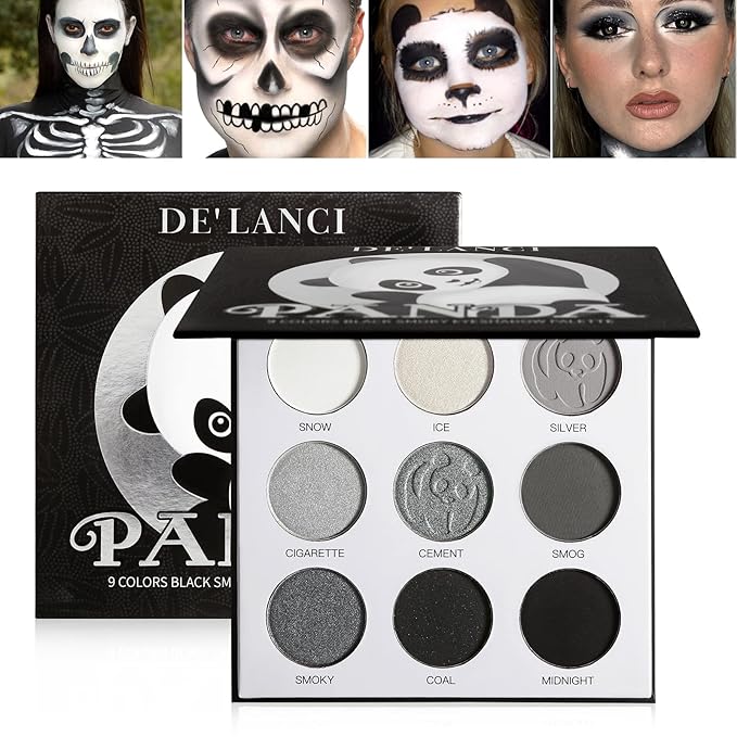 Afflano Goth Eyeshadow Palette Grey Black White Silver, Blendable Smokey Eye Eyeshadow for SFX Skull Goth Look Halloween Makeup Palette, Long Lasting Dark Gothic Eye Shadow Pallet - Panda
