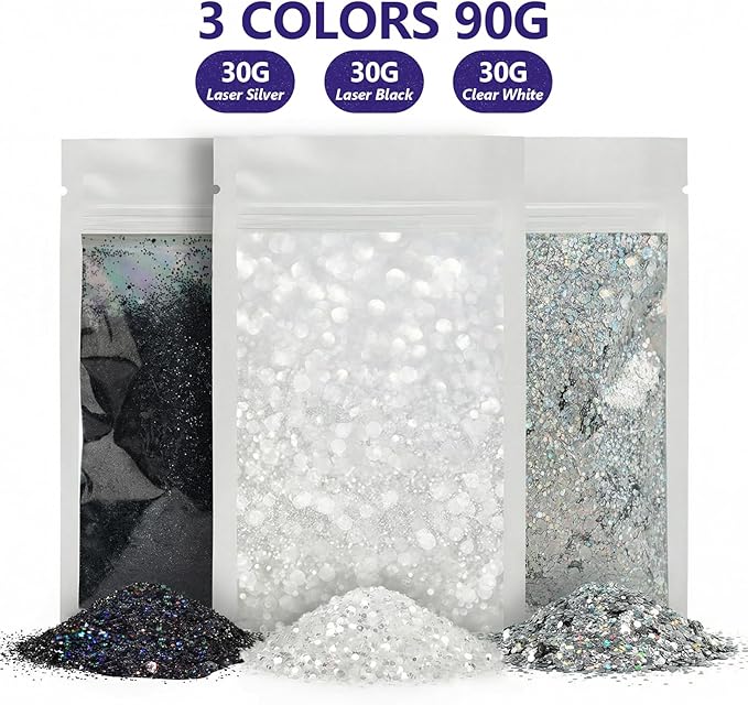 Dmsky Biodegradable Chunky Glitter,90g/3.18oz Craft Glitter for Crafts,Resin,Body,Nail,Face,Hair,DIY Decorations,3 Colors Holographic Glitter,Silver Glitter,White Clear Glitter,Black Glitter