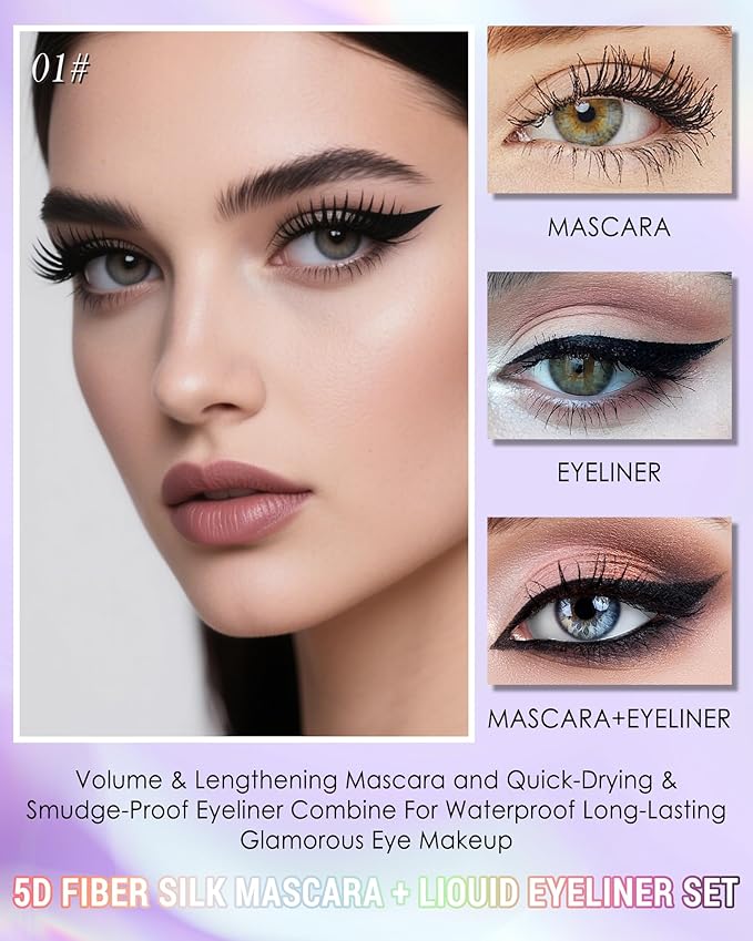 Black Mascara Liquid Eyeliner Set,Update Longlasting Waterproof Color Eye Liner Pen,5D Silk Fiber Colored Mascara Volume and Length,Women's Mother's Day Party Stage Makeup Gift Kit for Women Girl-01