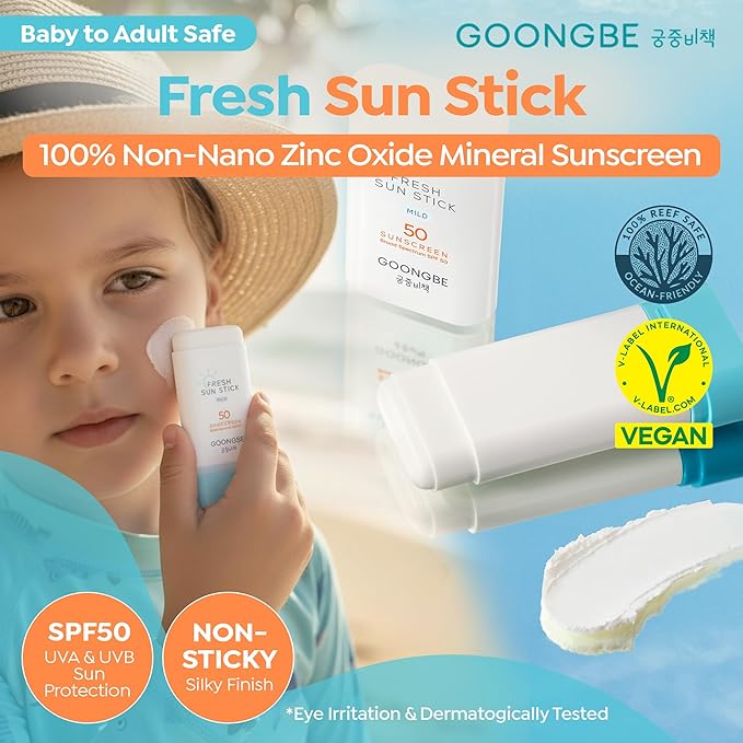 GOONGBE Fresh Sun Stick Mild SPF 50 - No White Cast Zinc Oxide Mineral Sunscreen Stick Balm - Non Greasy Soft Matte Finish - Travel Friendly for Babies, Kids & Adults - Vegan, Reef-Safe, 0.49oz.