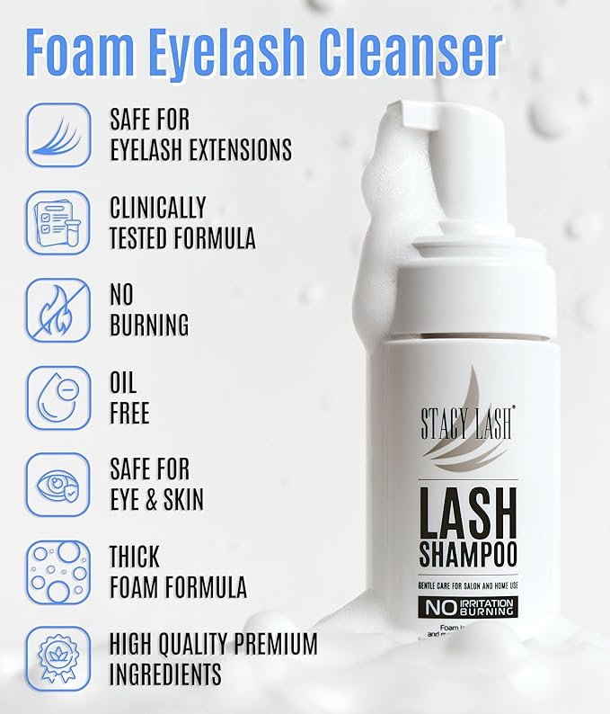 STACY LASH Shampoo 100ml Cleaning Kit of Eye Makeup Remover (Foam Cleanser) & Shampoo Brush & Mascara Brush Bundle with Eyelash Serum 5ml for Lash Growth and Thickness