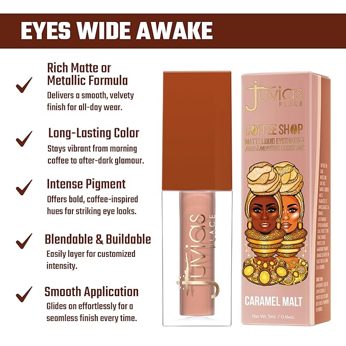 Juvia's Place Coffee Shop Liquid Eyeshadow Caramel Malt - Matte Finish for Rich, Long-Lasting Color, Waterproof, and Smooth Texture - Buildable and Vibrant - Ideal for All Skin Tones, 0.08 fl oz