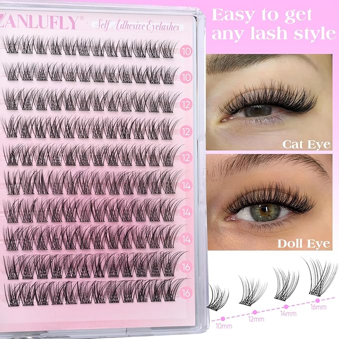 Self Adhesive Eyelashes Natural Self Adhesive Lash Clusters Pre-glued Eyelashes Clusters C-Curly No Glue Lashes Wispy Cluster Lashes 10-16MM DIY Individual Lashes by zanlufly
