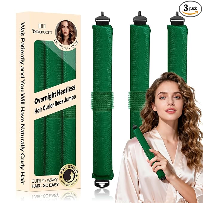 Overnight Heatless Hair Curler, Upgraded with Hair Pad Grippers Satin Jumbo Flexi Blowout Curls Rods, 3pcs No-Heat Styling Tools Curling Rod to Sleep in for All Hair Types - Green