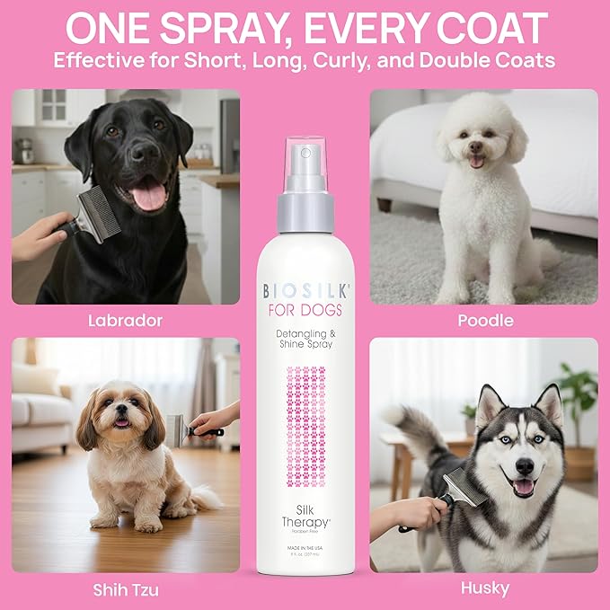 BioSilk for Dogs Silk Therapy Detangling and Shine Protecting Spray, pH Balanced Leave-In Mist with Silk and Vitamins for Dematting, Paraben-Free, All Coats and Breeds, 8 Fl Oz - 6 Pack