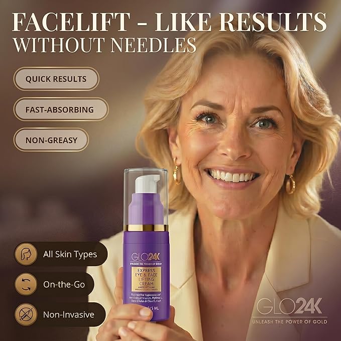 GLO24K Express Eye & Face Lifting Cream with Hyaluronic Acid, Peptides, 24K Gold, and Essential Vitamins - Reduces Wrinkles, Fine Lines, and Puffiness - Suitable for All Skin Types