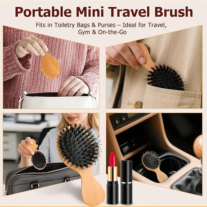 Mini Hair Brush, Travel Small Boar Bristle Hair Brush for Women Gift- Small Portable Compact HairBrush for Girls Kids Women Best Gift, Travel Size for Purse, Vacation, Business Trips & Outings