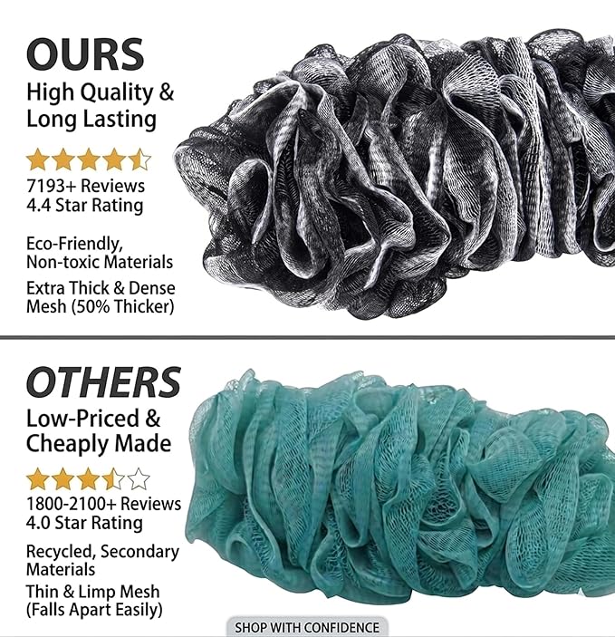 Back Scrubber for Shower, Loofah Long Handle Bath Body Brush, Soft Nylon Mesh Sponge On a Stick for Shower Men Women Kids Elderly, Exfoliating Scrub Cleaning Luffa for All Kinds of Skin(Black)