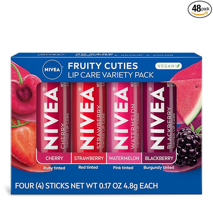 NIVEA Lip Care, Fruity Tinted Lip Balm Variety Pack, Cherry, Strawberry, Blackberry and Watermelon Flavors, 3-in-1 Moisture, Repair and Color, 0.17 Oz Stick, (Pack of 48)