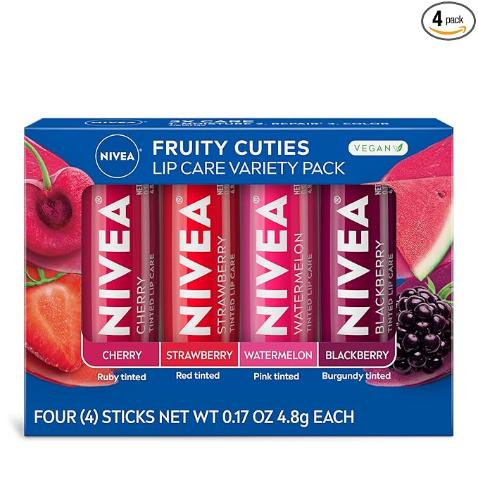 NIVEA Lip Care, Fruity Tinted Lip Balm Variety Pack, Cherry, Strawberry, Blackberry and Watermelon Flavors, Mothers Day Gifts, 0.17 Oz Stick, Pack of 4