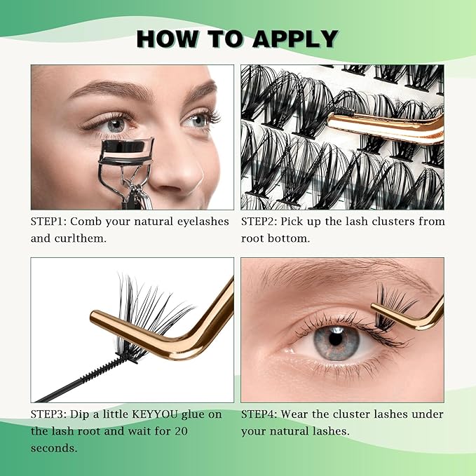 KEYYOU Lash Clusters 300pcs Individual Lashes, 40D 0.07C Curl 11mm DIY Eyelash Extension, Soft & Natural Volume Cluster Lashes with Large Tray