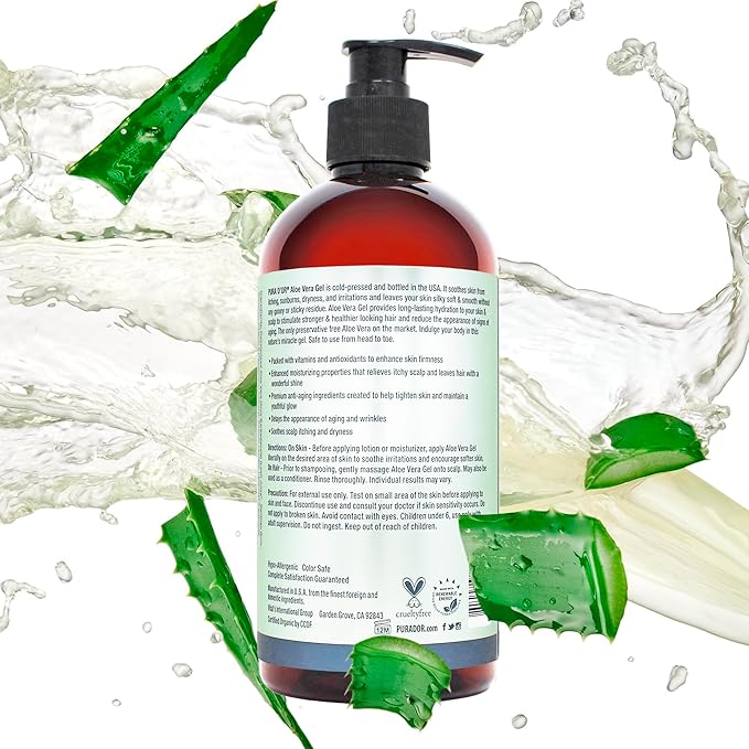 PURA D'OR ORGANIC Aloe Vera Gel Lavender (16 Oz X 2) All Natural - ZERO Artificial Preservatives - Deeply Hydrating & Moisturizing - Sunburn, Bug Bites, Rashes, Small Cuts, Eczema Relief - Skin & Hair