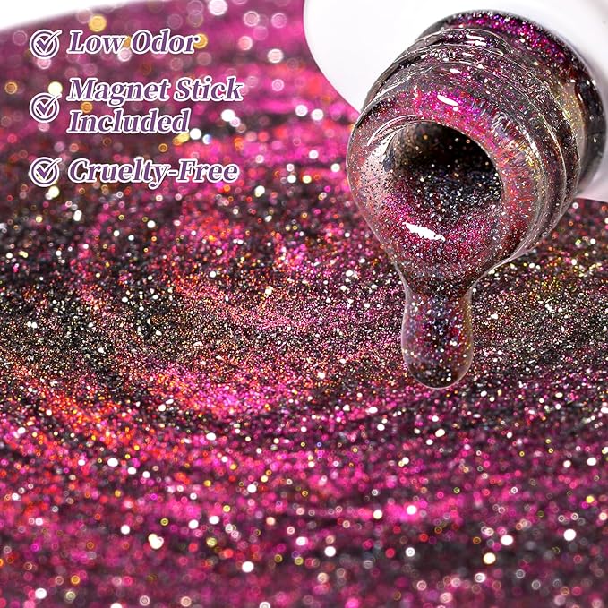 Born Pretty Reflective Glitter Cat Magnetic Eye Gel Nail Polish Chameleon Holorgraphic Glitter Sparkly Shiny Disco DJ LED Magnetic Gel Polish Nail Varnish 6PCS 7ML