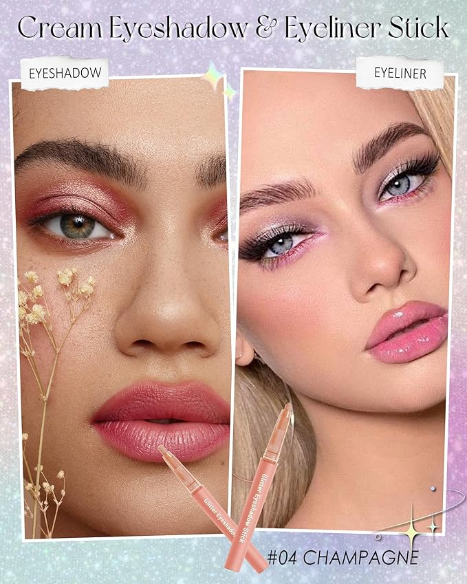 Glitter Eyeshadow & Eyeliner Stick 2 in 1, Metallic Shimmer Pink Eyeshadow Stick, Twist-Up Built in a Sharpener Eyeliner Pen, Waterproof Creamy Eye liner Makeup for Women Halloween-04 Nude Pink