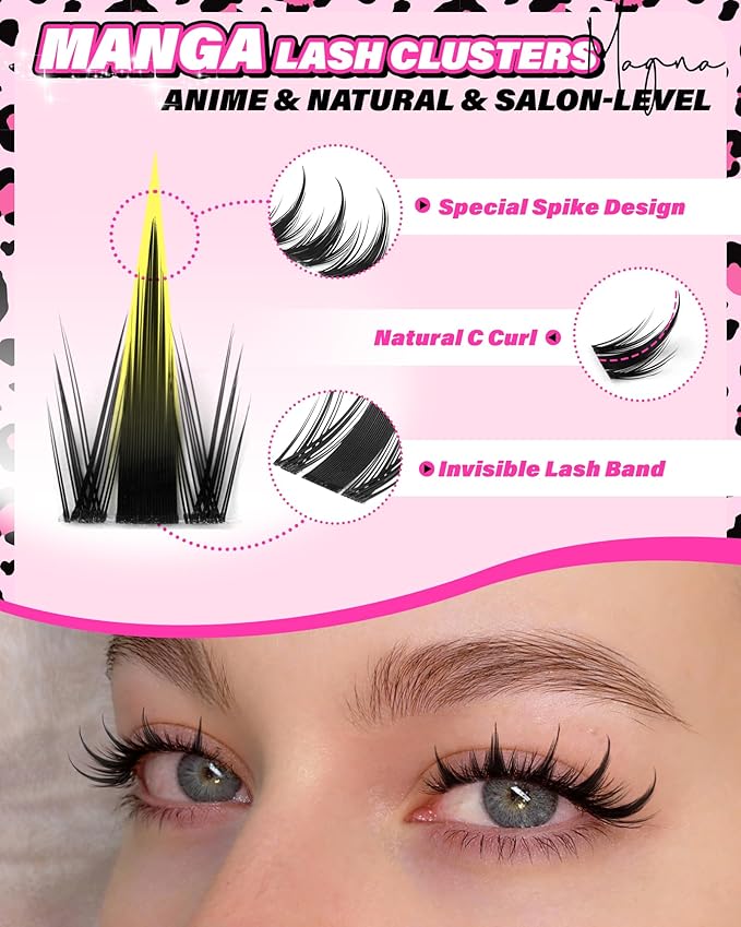 Anime Lash Clusters Kit Natural Eyelash Clusters Invisible Band 10-12-14MM C Curly Manga Cluster Eyelash Extensions Kit Wet Look Lashes Clusters Kit with Lash Bond&Seal Tweezers Brushes by Zegaine