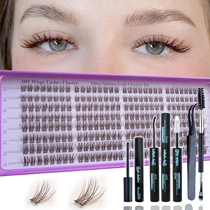 Wispy Lash Clusters Kit, Natural Lash Cluster Eyelash Extensions 256 Pcs C Curl 10-16mm Individual Fluffy False Eyelashes Thin Band DIY Kit for Beginners at Home with Bond Seal Remover Tweezers Brush