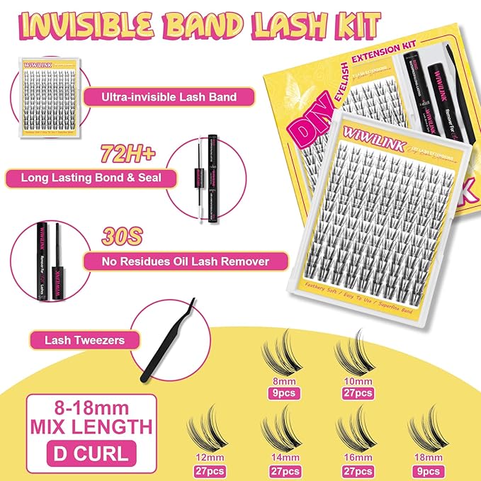 Wispy Lash Clusters Manga DIY Lash Extension Kit and D Curl Eyelash Clusters 8-18mm with Bond, Seal, and Remover Natural Lashes Clusters- Invisible Band Lashes Spikes Eyelashes, Freya-kit