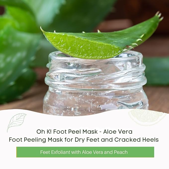 Oh K! Foot Peel Mask - Aloe Vera - Foot Peeling Mask for Dry Feet and Cracked Heels - Feet Exfoliant with Aloe Vera and Peach Extracts - 1 Pair (Pack of 2)