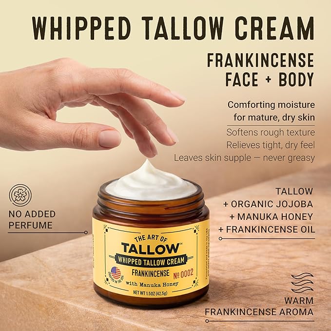 Tallow Face Moisturizer – Frankincense Beef Tallow for Skin, Whipped Tallow Cream with Manuka Honey & Organic Jojoba Oil, Face Cream, Grass Fed & Finished, Made in USA, 1.5 oz