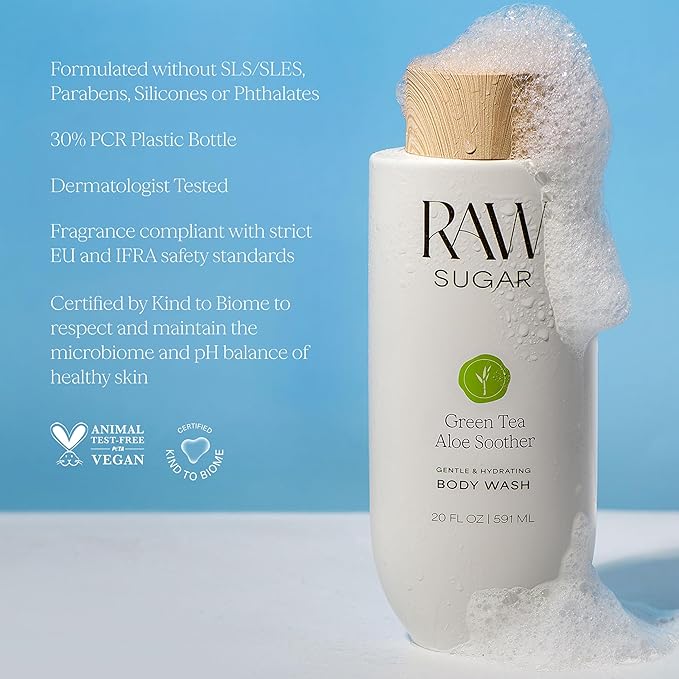 RAW SUGAR Green Tea Aloe Soother Gentle & Hydrating Body Wash, 20 Fl Oz (Pack of 3), Gentle & Soothing Bath & Shower Gel, Sensitive Skin-Friendly, Vegan, Formulated without SLS/SLES & Parabens