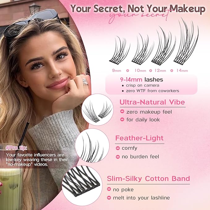 Goddvenus Lash Clusters Wispy 9-14mm Eyelash Clusters Natural DIY Cluster Eyelash Extensions Lash Individual 300pcs Short C Curve