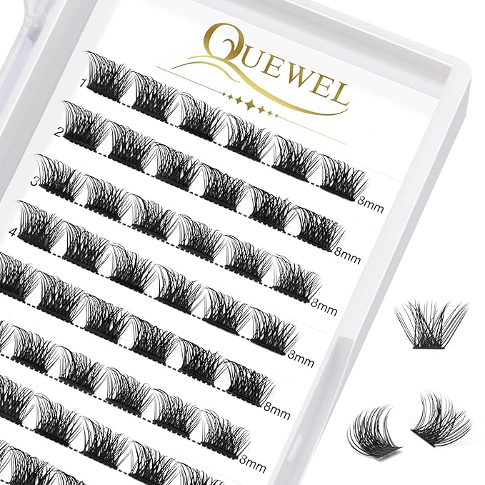 QUEWEL Lash Clusters 72 Pcs Wide Stem Individual Lashes C/D Curl 8-16mm Length DIY Lash Extension Soft False Eyelashes Wispy Cluster Lashes Easy to Create Natural Look At Home(Mega-D-8mm)